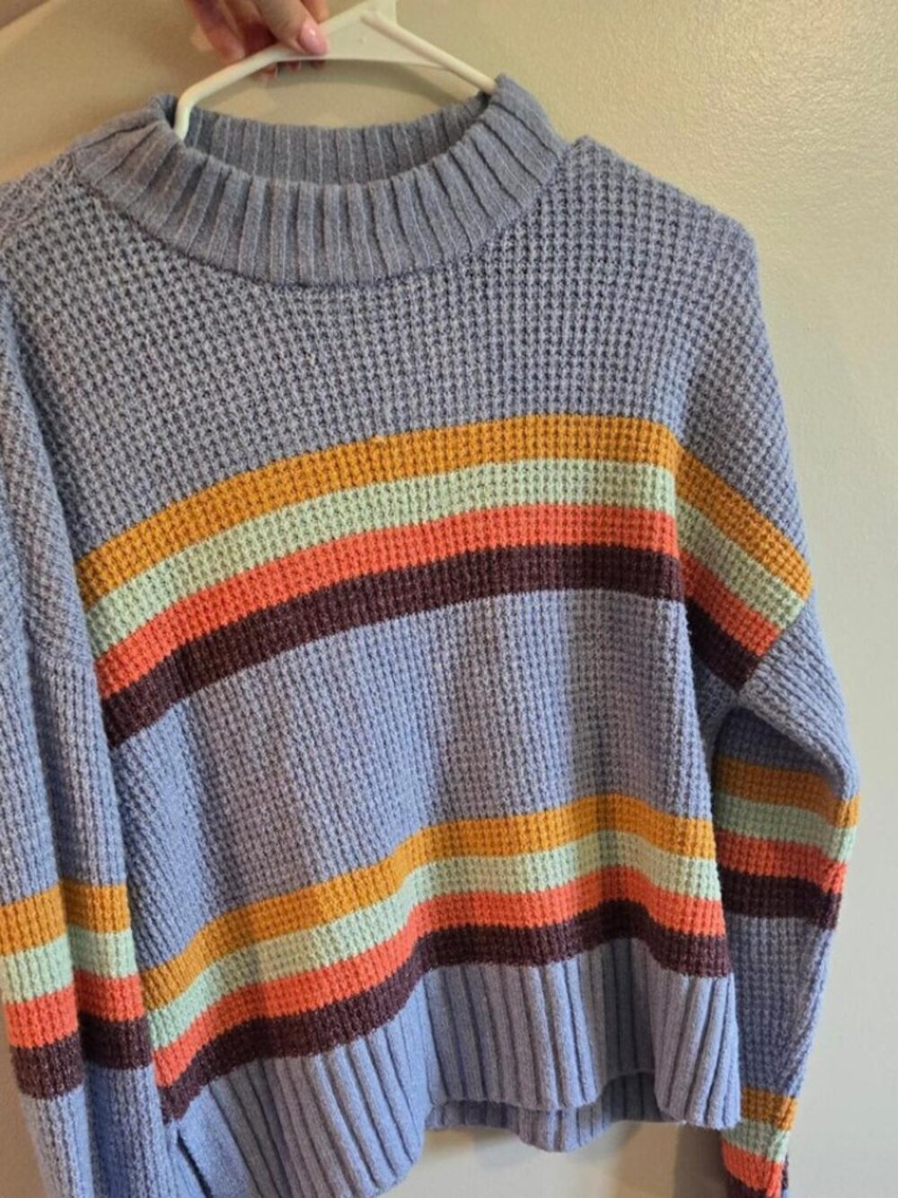 Periwinkle Rainbow Stripe Waffle Knit Cropped Sweater